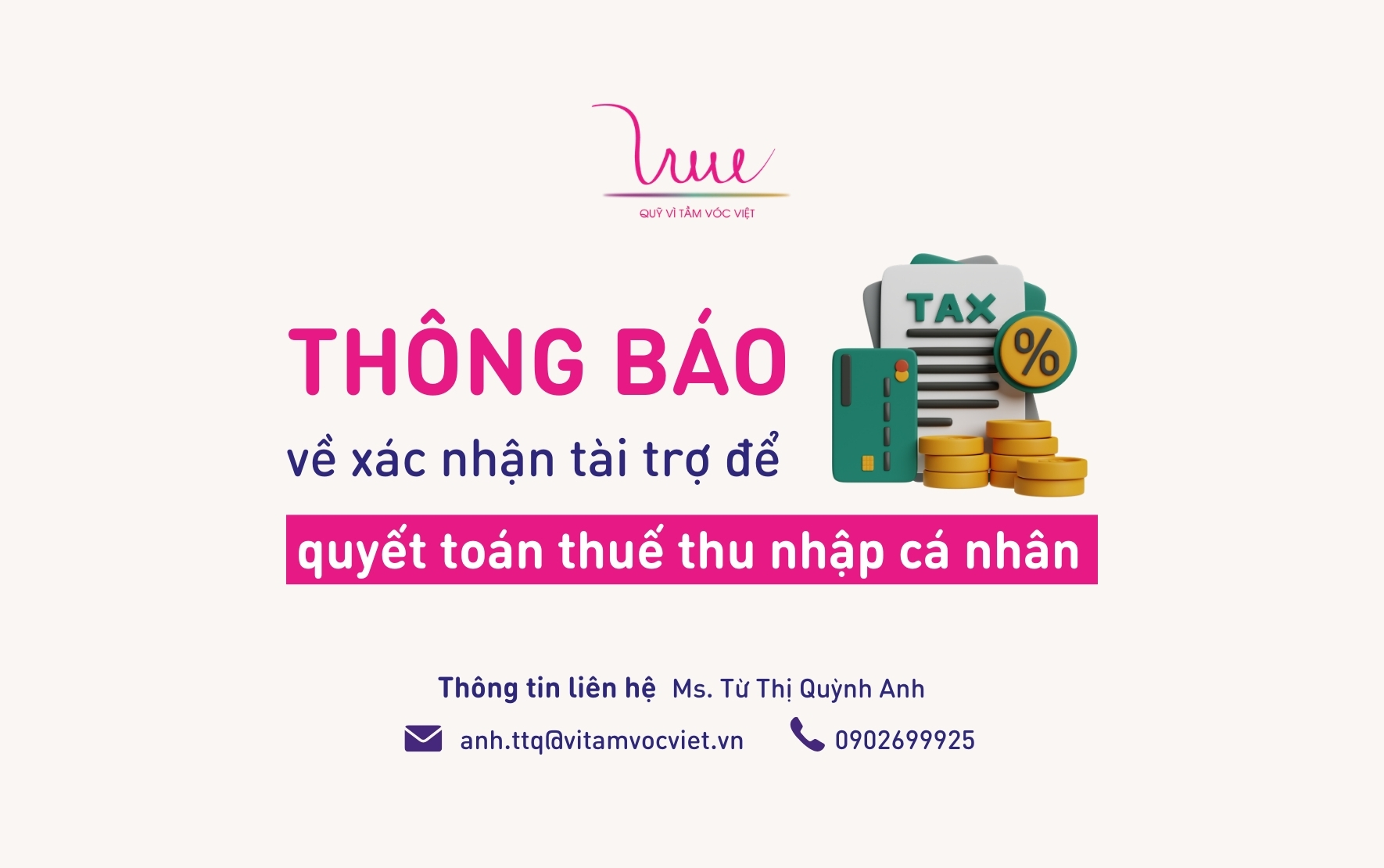 Thông báo của Quỹ Vì Tầm Vóc Việt về xác nhận tài trợ để quyết toán thuế thu nhập cá nhân